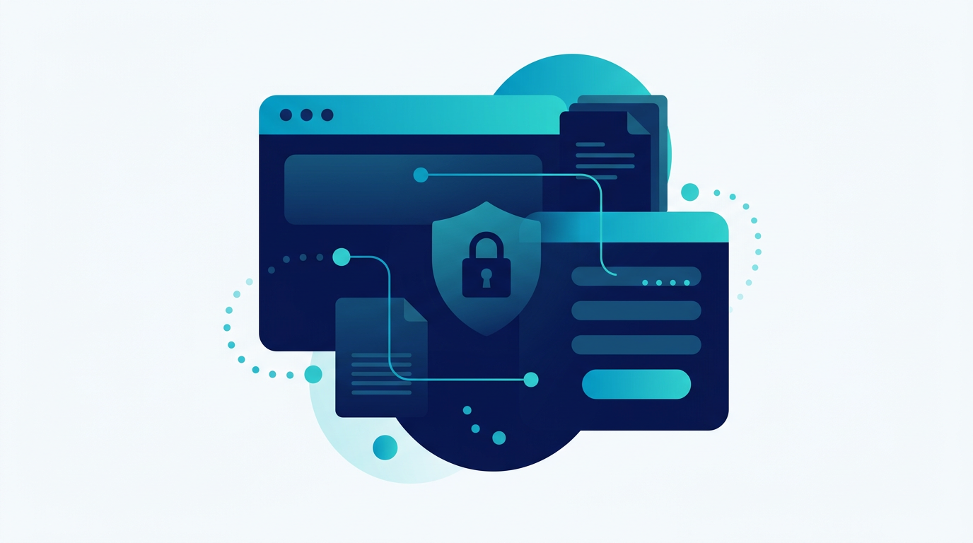 Abstract illustration of web forms, data flow, and personal information protection